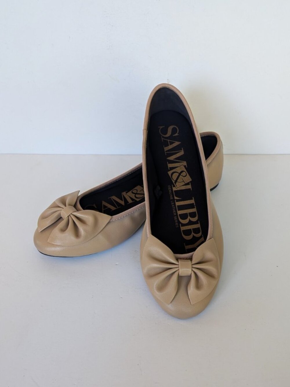 Sam & Libby Beige Tan Leather Bow Ballet Flats Shoes Size 7